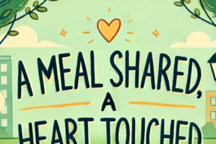 DALL·E 2024-11-16 22.40.21 - Title image for a story called 'A Meal Shared, A Heart Touched'. The title should be written in a playful, friendly font, with a park background featu